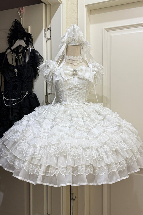 White [Eternal Vow] Sleeveless Multi-Layered Ruffle Hanayome Bowknot Lace Lace-Up Sweet Lolita Jsk Dress