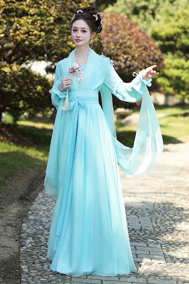 Blue Long Sleeves Print Embroidery Women's Sweet Classic Hanfu Dress Full Set