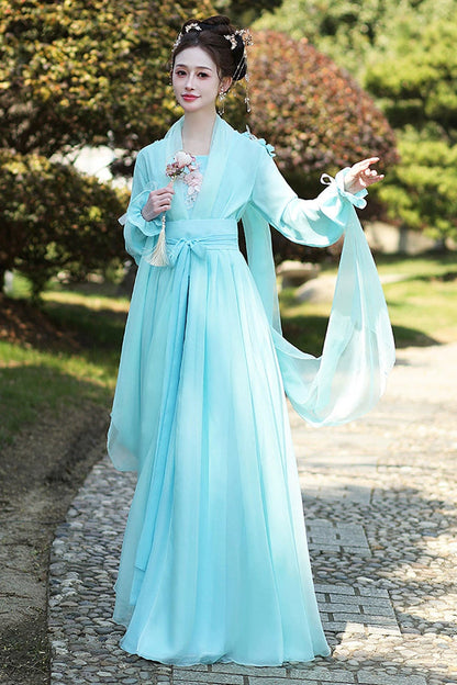 Blue Long Sleeves Print Embroidery Women's Sweet Classic Hanfu Dress Full Set