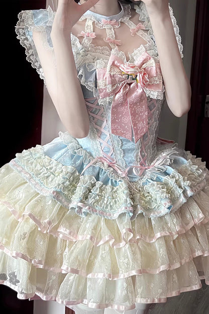 Blue [Flower Language of Eros] Halterneck Multi-Layered Ruffle Bowknot Rose Lace Lace-Up Sweet Ballet Lolita Jsk Dress