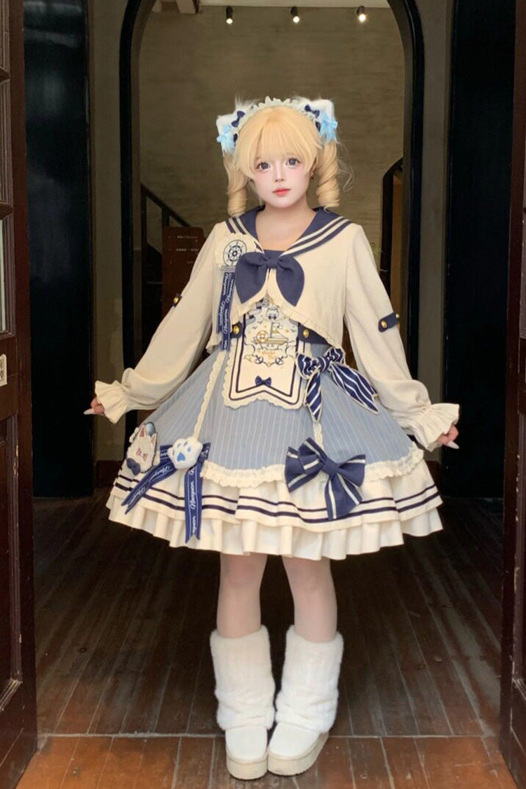 Blue/Ivory [Ride the Wind and Waves] Double-Layered Printed Ruffled Bow Lace Sweet Lolita Jsk Dress Set (Coat Included)