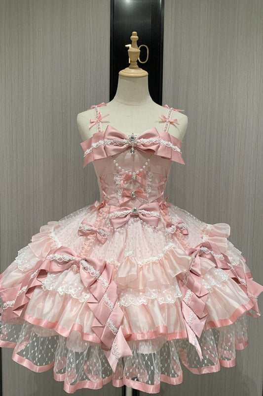 Pink [Gem Love] Sleeveless Triple-Layered Ruffle Bowknot Lace Sweet Ballet Lolita Jsk Dress