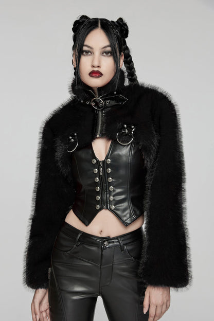 Black Stand Collar Long Sleeves Women's Punk Faux Fur Short Jacket