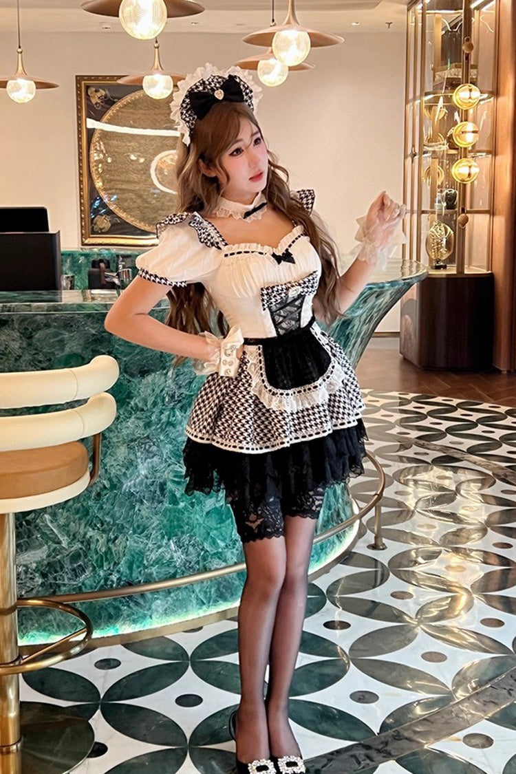 Black/White [Lovely Houndstooth] Square Collar Short Sleeves Print Ruffle Bowknot Lace Maid Sweet Lolita Dress