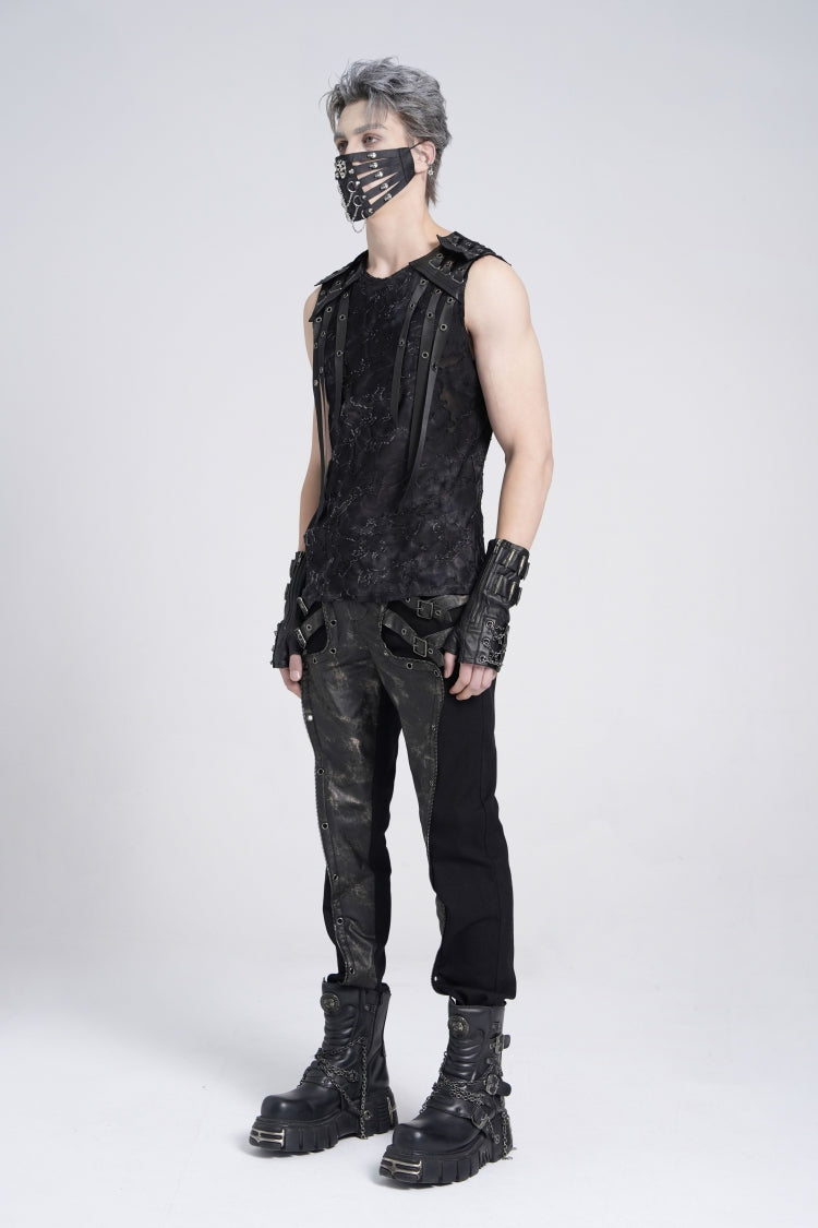 Black Sleeveless Eyelet Strap Distressed Men's Gothic Vest