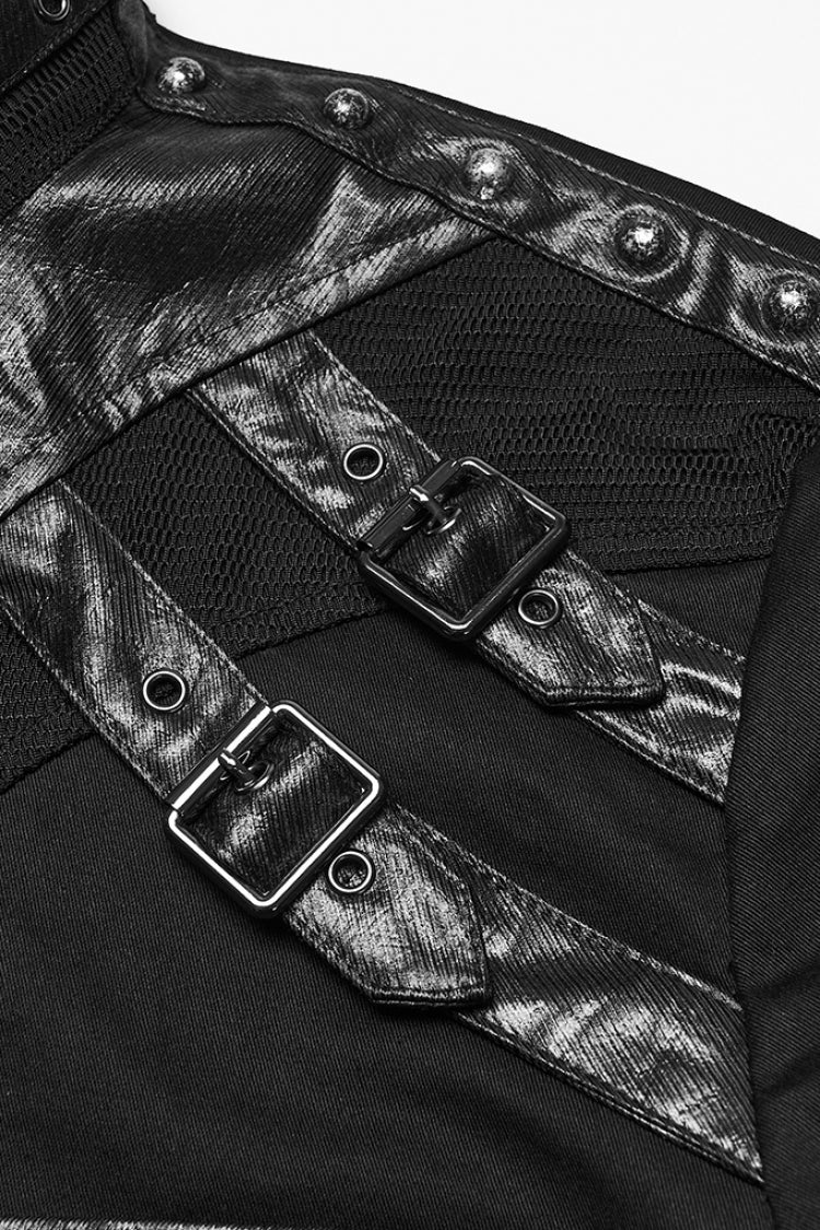 Black Stand Collar Long Sleeves Rivet Buckle Straps Eyelet Men's Punk Blouse