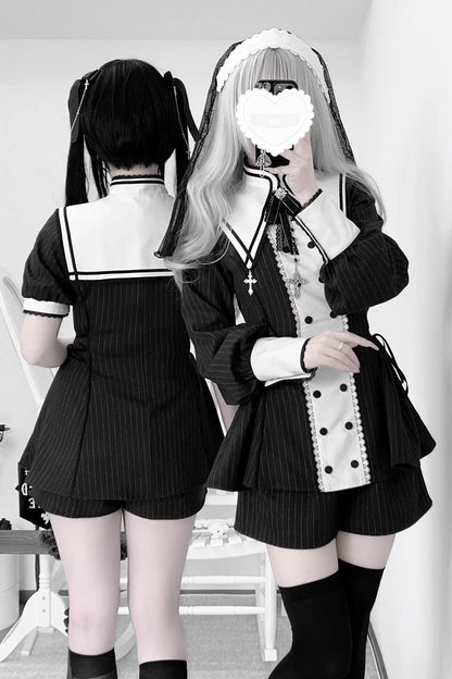 Black/White [Offbeat Confession] Long Short Sleeves Printed Ruffled Bow Gothic Jirai Kei Japanese Dress and Shorts Set