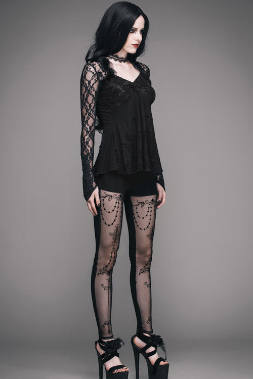 Black Sexy V Neck Mesh Long Sleeves Rose Lace Bottoming Women Gothic T-Shirt