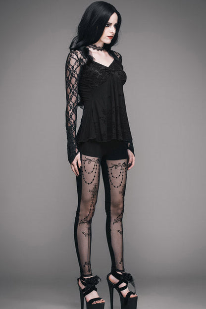 Black Sexy V Neck Mesh Long Sleeves Rose Lace Bottoming Women Gothic T-Shirt