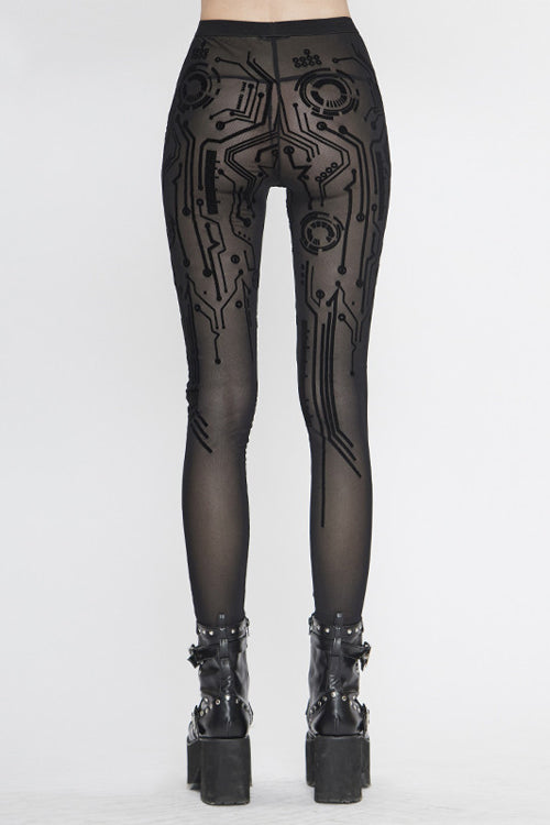 Black Punk Circuit Diagram Flocking Stretch Mesh Leggings Womens Pants