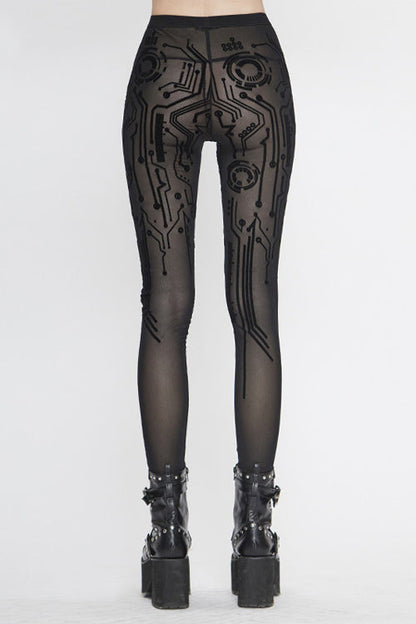 Black Punk Circuit Diagram Flocking Stretch Mesh Leggings Womens Pants