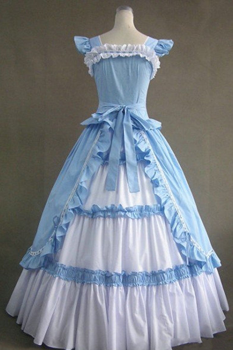 Blue Cotton Square Collar Cap Sleeves Floor Length Ruffled Multi-Layer Pleats Victorian Classic Lolita Dress