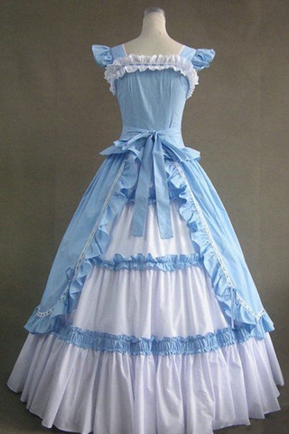 Blue Cotton Square Collar Cap Sleeves Floor Length Ruffled Multi-Layer Pleats Victorian Classic Lolita Dress