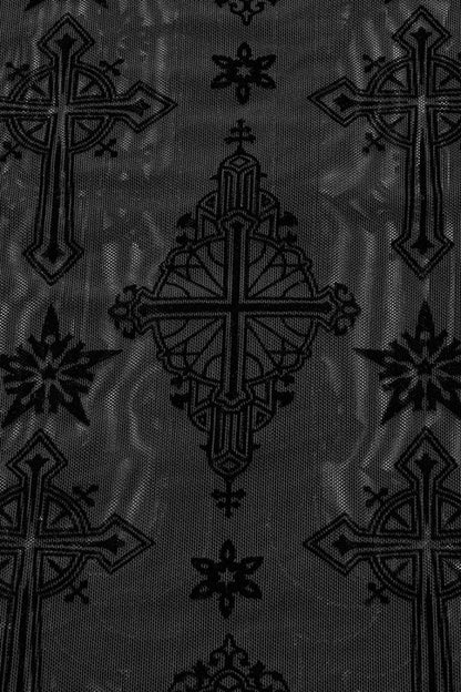 Black Stand Collar Long Sleeves Star Cross Embroidery Sheer Mesh Women's Gothic T-Shirt