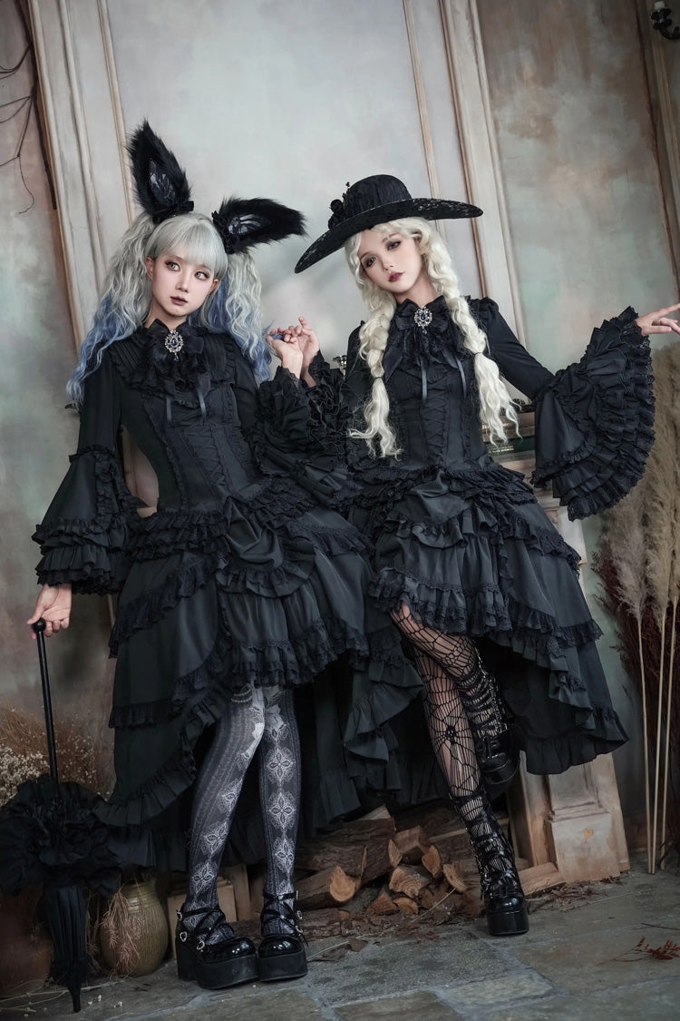 Black [Immortal Phoenix] Long Hime Sleeves Multi-Layered Ruffled Bow Lace-Up Gothic Lolita Skirt Dress Set