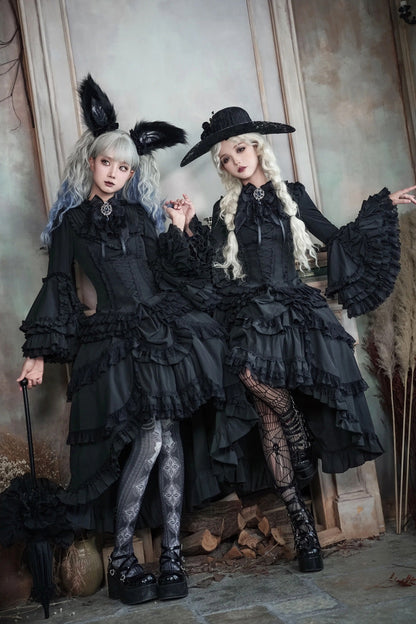 Black [Immortal Phoenix] Long Hime Sleeves Multi-Layered Ruffled Bow Lace-Up Gothic Lolita Skirt Dress Set