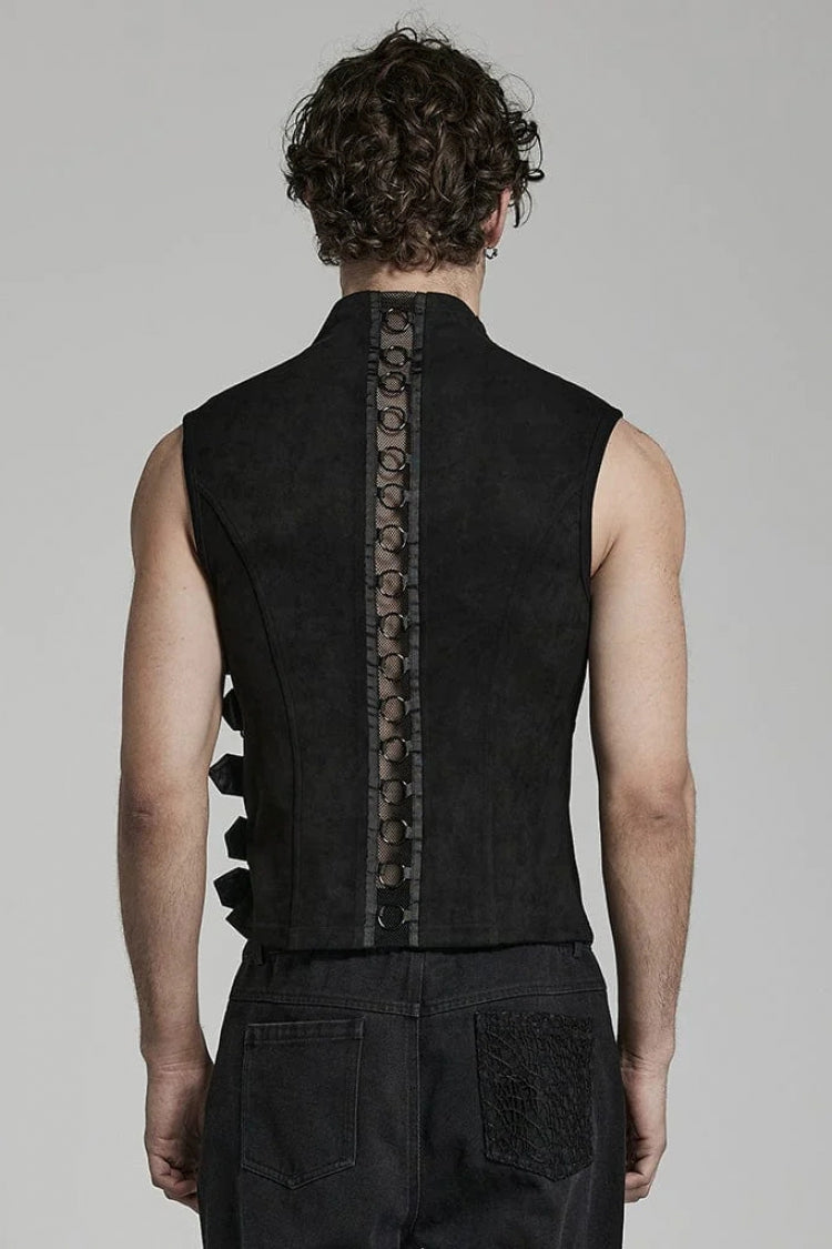 Black Sleeveless Hollow Suede Leather Stitching Irregular Mens Gothic Vest
