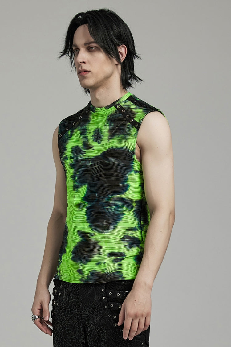 Black/Green Stand Collar Sleeveless Tie-dyed Men's Punk Vest