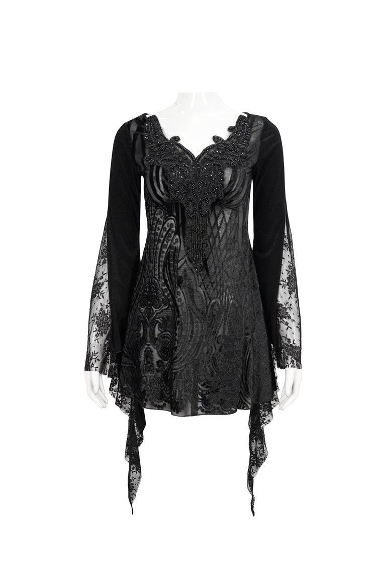 Black V-Neck Beading Lace Flared Cuffs Floral Hip Covered Long Sleeves Women's Gothic T-Shirt