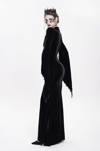 Black V Collar Long Trumpet Sleeves Floral Embroidered Velvet Women's Gothic Dress
