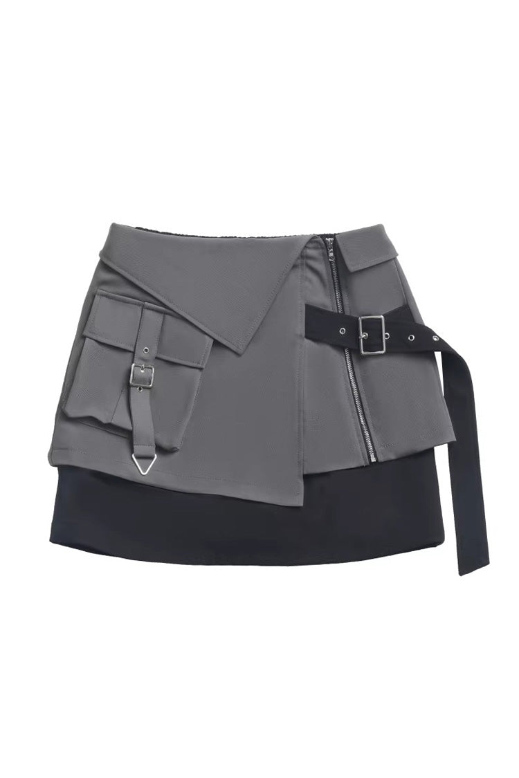 Black [Holographic Cruise] Techwear Long Sleeves Spliced Zippered Gothic Jirai Kei Skirt and Coat Set