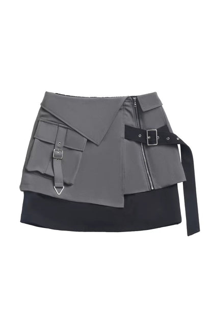 Black [Holographic Cruise] Techwear Long Sleeves Spliced Zippered Gothic Jirai Kei Skirt and Coat Set