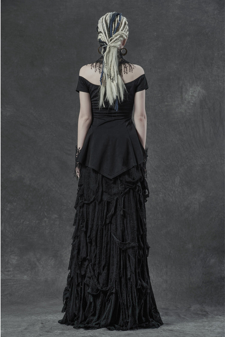Black Short Sleeve Orizontal Neck Front Chest Lace Embroidery Frill Hem Women's Gothic T-Shirt