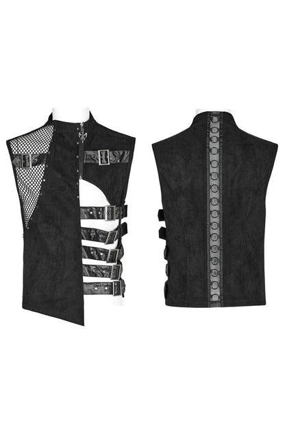 Black Sleeveless Hollow Suede Leather Stitching Irregular Mens Gothic Vest