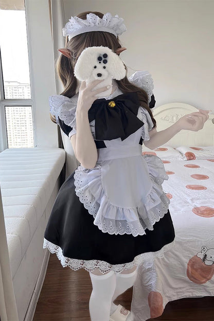 Maid Short Sleeves Ruffle Bowknot Sweet Plus Size Lolita Dress Full Set 2 Colors