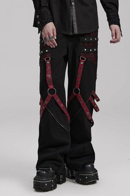 Cracked Leather Stitching Metal Rivet Decoration Mesh Men's Steampunk Pants 2 Colors