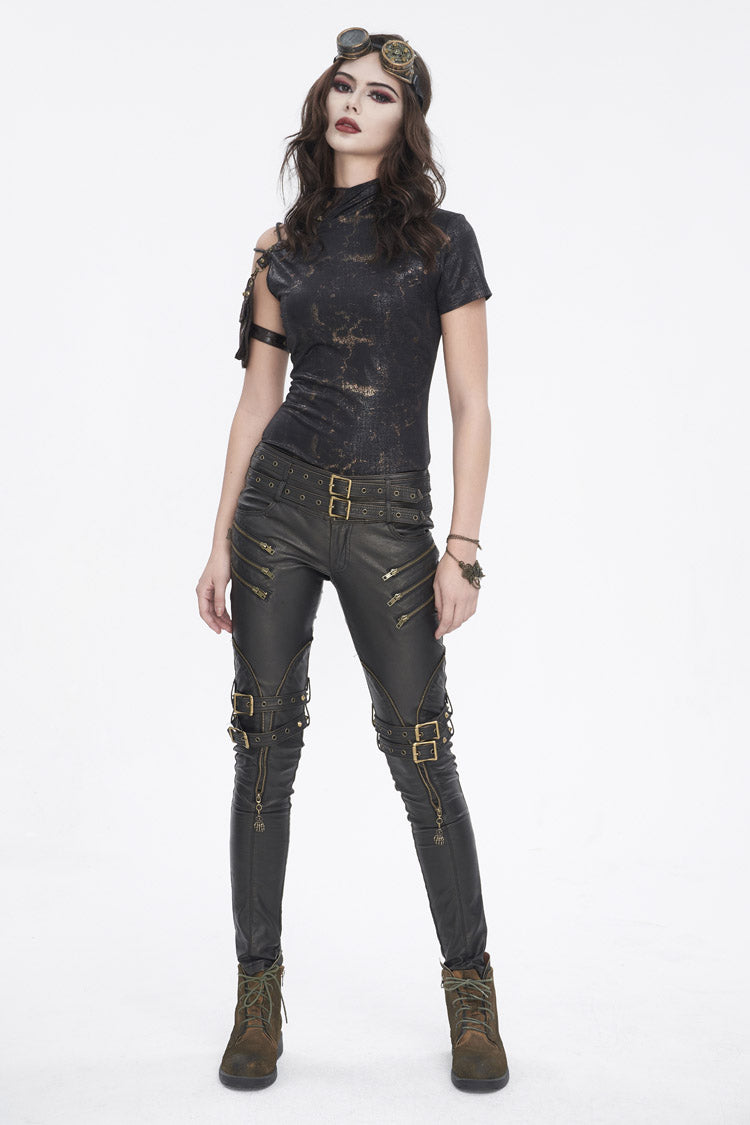 Black Prints Spaghetti Straps Buckle Womens Punk Short Sleeves