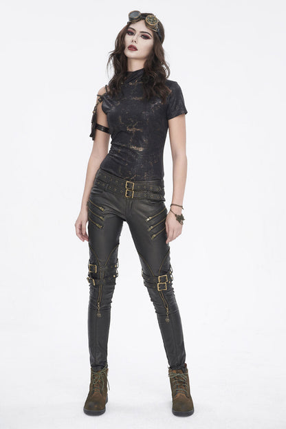 Black Prints Spaghetti Straps Buckle Womens Punk Short Sleeves
