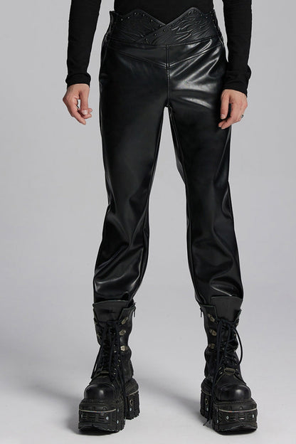 Black Print Men's Punk Leather Pants