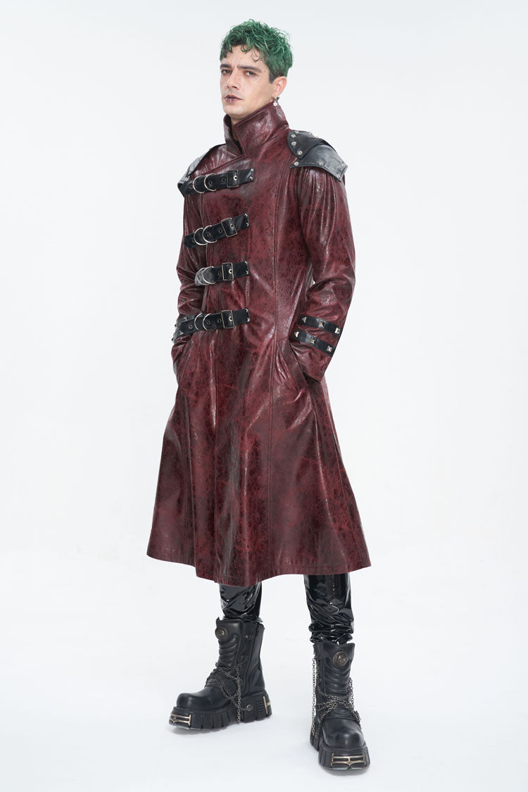 Red Stand Collar Multi Buckle Faux Long Leather Men's Punk Coat
