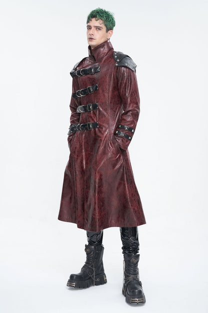 Red Stand Collar Multi Buckle Faux Long Leather Men's Punk Coat