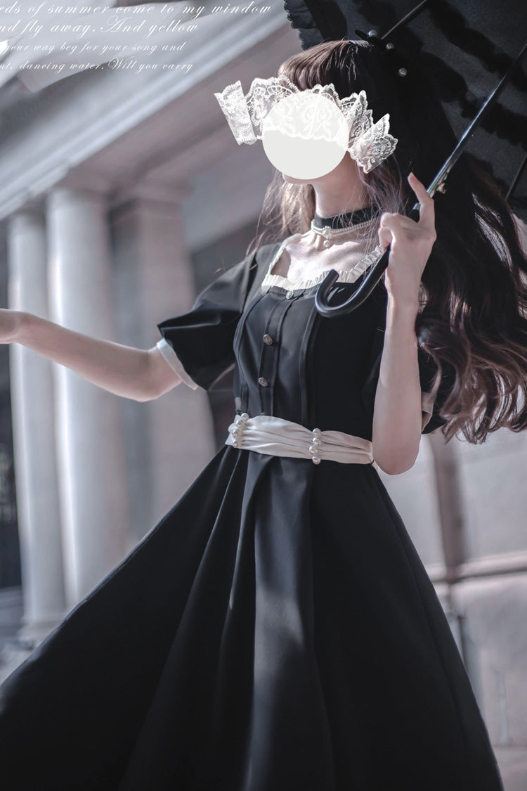 Black [Random Thoughts] Square Collar Short Sleeves Ruffle Classic Vintage Elegant Lolita Dress