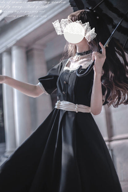 Black [Random Thoughts] Square Collar Short Sleeves Ruffle Classic Vintage Elegant Lolita Dress