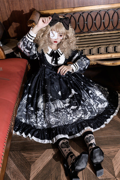 Black [Castle Night] Print Long Sleeves Ruffle Bowknot Gothic Lolita Dress