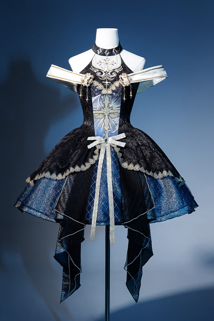 Black/Blue [Universe] Off Shoulder Halterneck Sleeveless Print Embroidery Cardigan Gothic Princess Lolita Dress