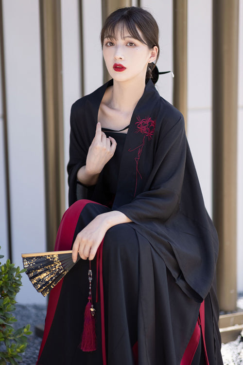 Black/Red Chinese Style Song Dynasty Flower Embroidery Long Sweet Hanfu Dress Full Set