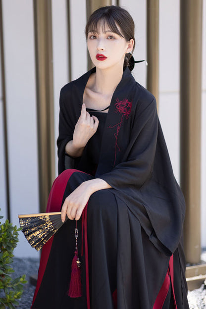 Black/Red Chinese Style Song Dynasty Flower Embroidery Long Sweet Hanfu Dress Full Set