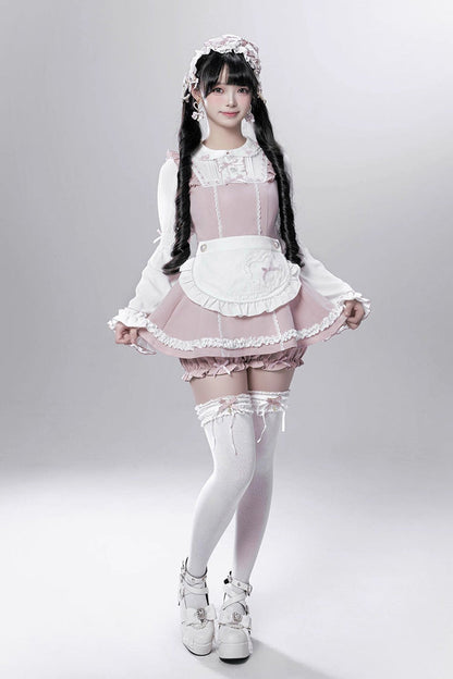 Pink/White [Showcase Doll] Japanese Maid-Style Long Sleeves Ruffle Bowknot Jirai Kei Japanese Dress Shorts Set with Detachable Apron