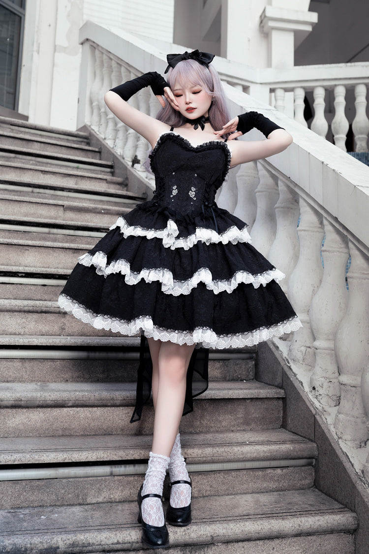 Black Triple-Layered Ruffle Embroidery Bowknot Gothic Lolita Jsk Dress