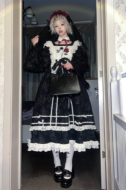 Black [Rose Choir] Double-Layered Ruffle Embroidery Bowknot Lace Gothic Elegant Nun Lolita Dress
