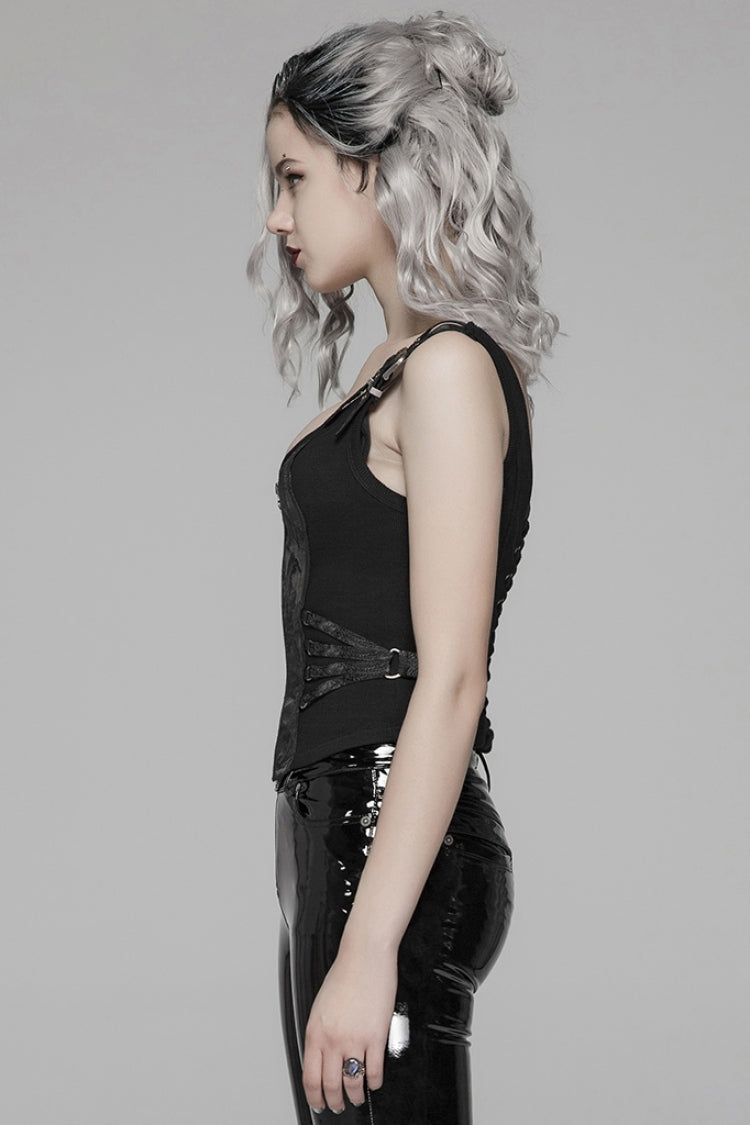 Steampunk Sleeveless Jacquard Print Metal Buckle Strap Metal Zipper Hollow Lace-Up Women's Vest 4 Colors