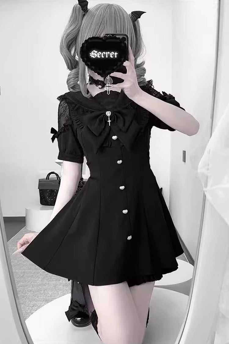 Black [Night Glaze] Long Short Sleeves Ruffled Bow Gothic Plus Size Jirai Kei Dress and Shorts Set