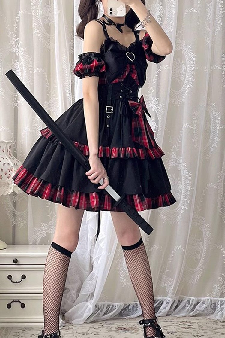 Black/Red Plaid Print Color Contrast Leather Buckle Bowknot Ruffle Gothic Lolita JSK Dress