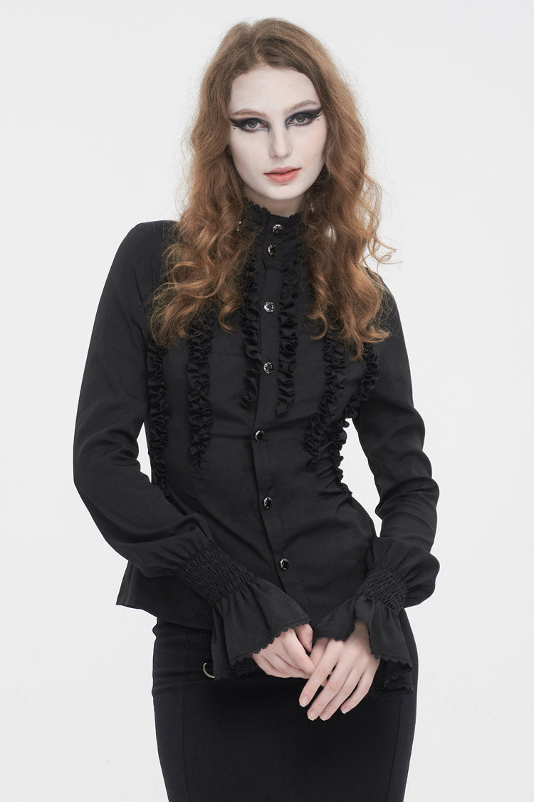 Black Stand Collar Ruffled Long Sleeves Women's Gothic Shirt