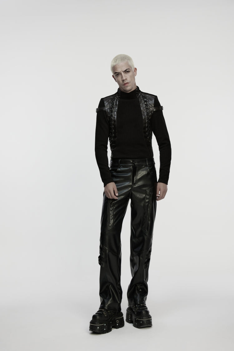 Black Zippered Eyelet Men's Punk Faux Leather Pants