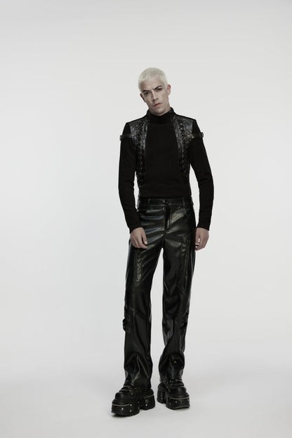 Black Zippered Eyelet Men's Punk Faux Leather Pants